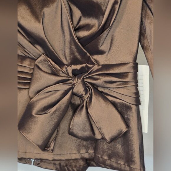 Tadashi Collection Chocolate Brown NWT Satin Blouse Sz 8 Ruched Cuffs Bow Detail - Picture 9 of 10
